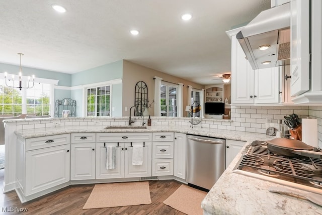kitchen with a sink, appliances with stainless steel finishes, dark wood-type flooring, ventilation hood, and decorative backsplash