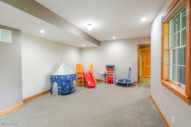 game room featuring carpet flooring, baseboards, and recessed lighting