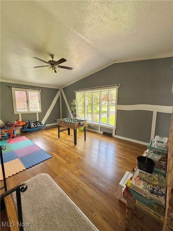 5460 Coronada Dr, Mentor-On-The-Lake, OH 44060 - recreation room with a ceiling fan, vaulted ceiling, a textured ceiling, wood finished floors, and baseboards