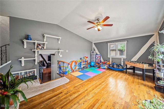 5460 Coronada Dr, Mentor-On-The-Lake, OH 44060 - rec room with ceiling fan, wood finished floors, and vaulted ceiling