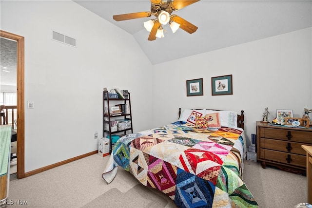 bedroom with lofted ceiling, carpet flooring, baseboards, and a ceiling fan