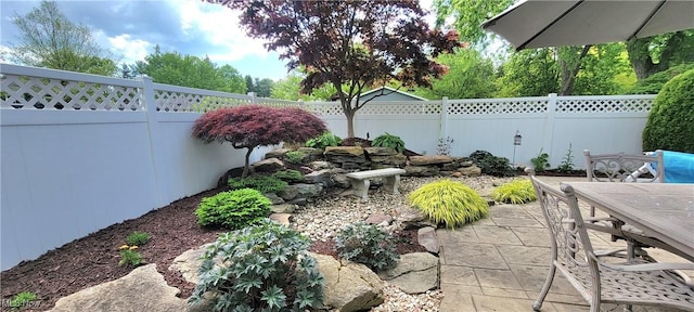 view of patio with a fenced backyard and outdoor dining space