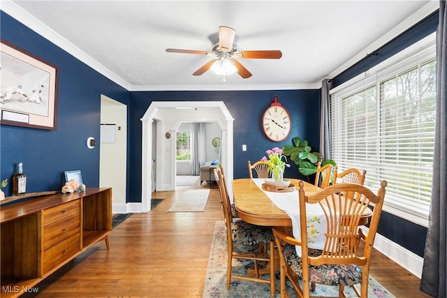 211 Harcourt Dr, Akron, OH 44313 - dining space with ceiling fan, wood finished floors, arched walkways, baseboards, and crown molding