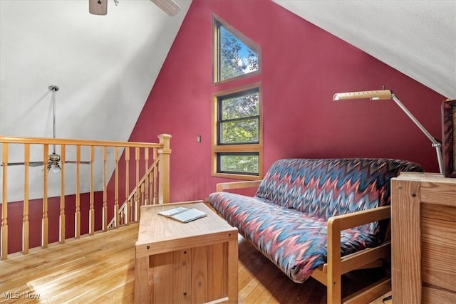 2854 Wells Lock Rd, Elizabeth, WV 26143 - bedroom featuring wood finished floors, high vaulted ceiling, and ceiling fan