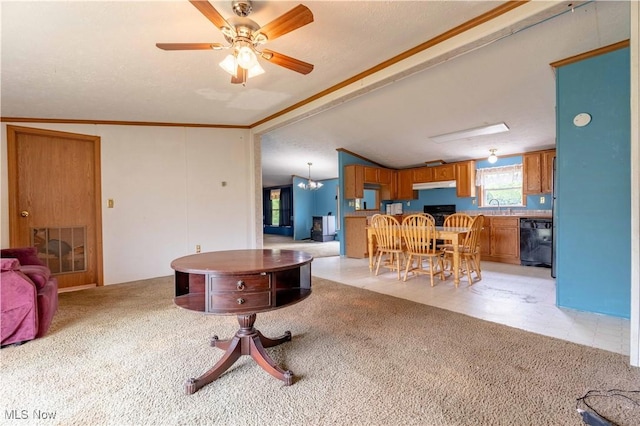 5240 Chalon Rd SW, Carrollton, OH 44615 - living room with light carpet, a ceiling fan, and crown molding