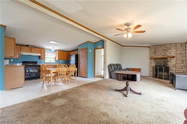 5240 Chalon Rd SW, Carrollton, OH 44615 - living area with lofted ceiling, a fireplace, crown molding, ceiling fan, and light colored carpet