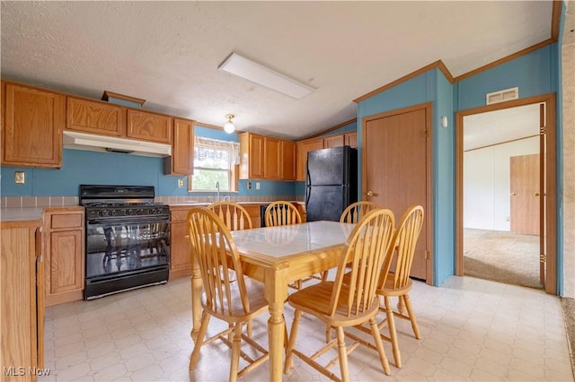 5240 Chalon Rd SW, Carrollton, OH 44615 - kitchen featuring black appliances, under cabinet range hood, light flooring, vaulted ceiling, and light countertops