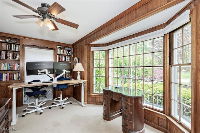 4168 Hadleigh Rd, University Heights, OH 44118 - home office featuring wooden walls, carpet flooring, and ceiling fan