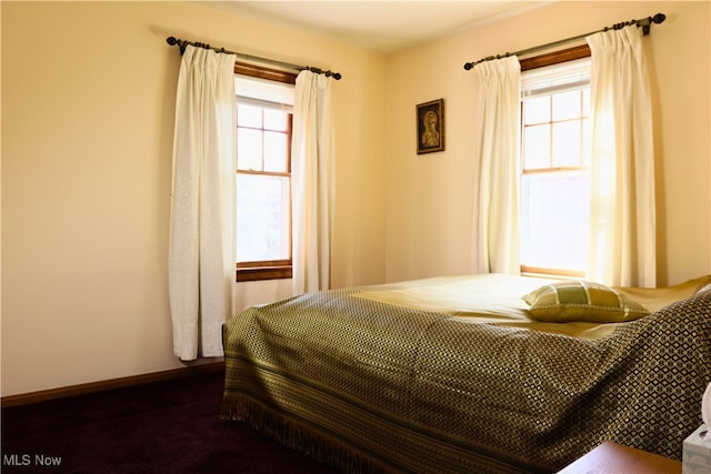 bedroom with baseboards and dark colored carpet
