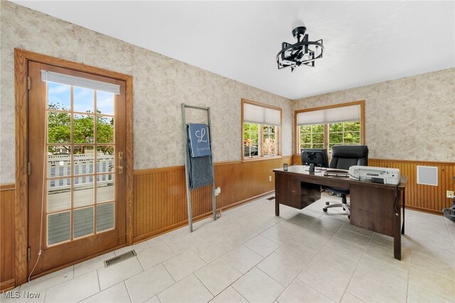 218 Tanglewood Dr, Dalton, OH 44618 - home office with wainscoting, wooden walls, wallpapered walls, and tile patterned flooring