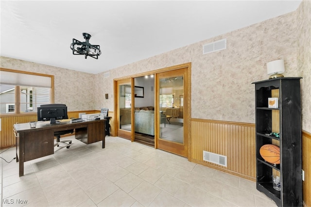 218 Tanglewood Dr, Dalton, OH 44618 - office area featuring a wainscoted wall, wallpapered walls, and tile patterned floors