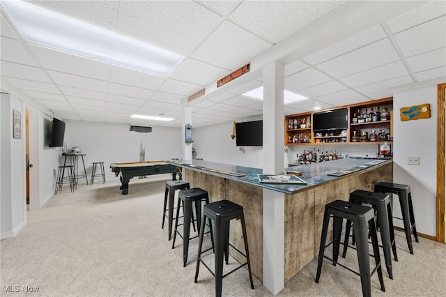 218 Tanglewood Dr, Dalton, OH 44618 - indoor wet bar with a paneled ceiling, carpet, baseboards, and billiards table