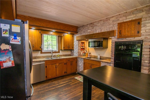 45 S Ridge Dr, Martins Ferry, OH 43935 - kitchen with black appliances, a sink, brown cabinetry, dark wood finished floors, and wood ceiling