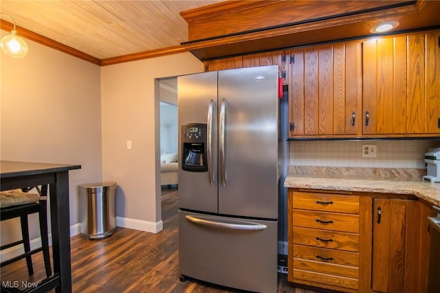 45 S Ridge Dr, Martins Ferry, OH 43935 - kitchen with stainless steel fridge with ice dispenser, decorative backsplash, dark wood-style floors, brown cabinetry, and crown molding