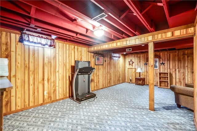 finished below grade area with carpet and wood walls