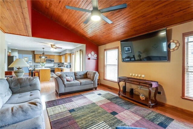 living room with a ceiling fan, wooden ceiling, plenty of natural light, light wood finished floors, and vaulted ceiling