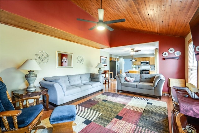 living area featuring a ceiling fan, lofted ceiling, light wood-type flooring, and wood ceiling