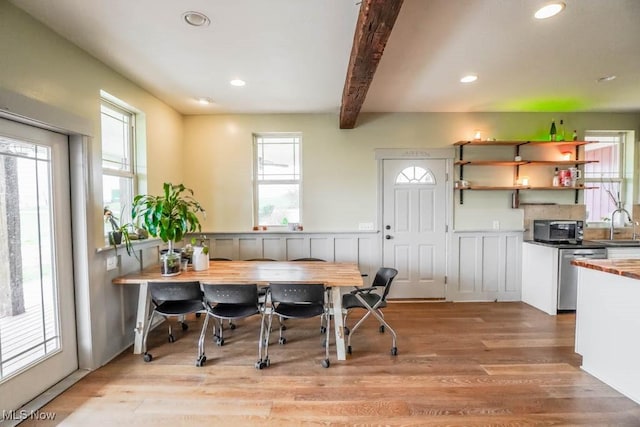 7841 State St NE, Louisville, OH 44641 - home office with healthy amount of natural light, light wood-type flooring, a sink, beamed ceiling, and wainscoting