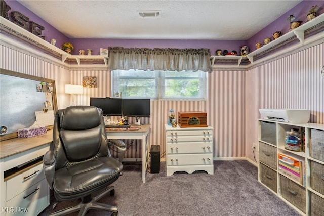 office area featuring carpet and radiator heating unit