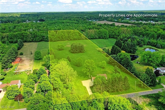 aerial view of property's location with property parcel outlined, a forest, and a nearby body of water