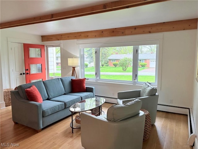 3569 N Karwood Dr, Port Clinton, OH 43452 - living area featuring a baseboard radiator, beam ceiling, and light wood-type flooring