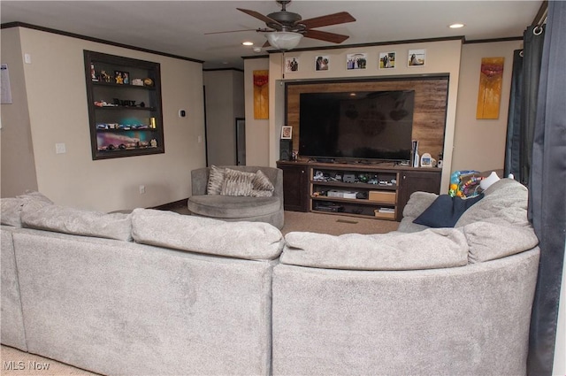 4691 Scenic Dr, Ravenna, OH 44266 - living room with crown molding, a ceiling fan, and recessed lighting