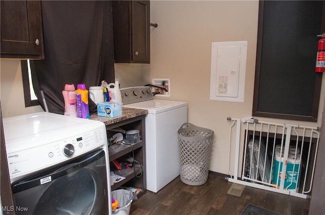 4691 Scenic Dr, Ravenna, OH 44266 - washroom featuring electric panel, washer and dryer, dark wood-style flooring, and cabinet space
