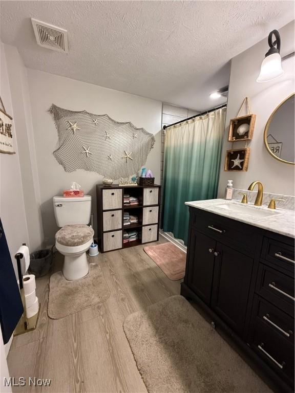930 E Grant St, Alliance, OH 44601 - bathroom featuring wood finished floors, a textured ceiling, vanity, toilet, and a shower with curtain