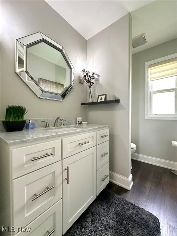 6836 Twin Oaks Ct, Canfield, OH 44406 - bathroom with baseboards, wood finished floors, vanity, and toilet
