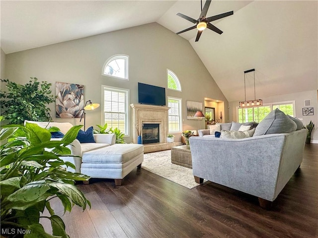 6836 Twin Oaks Ct, Canfield, OH 44406 - living room with a ceiling fan, high vaulted ceiling, dark wood finished floors, plenty of natural light, and a glass covered fireplace