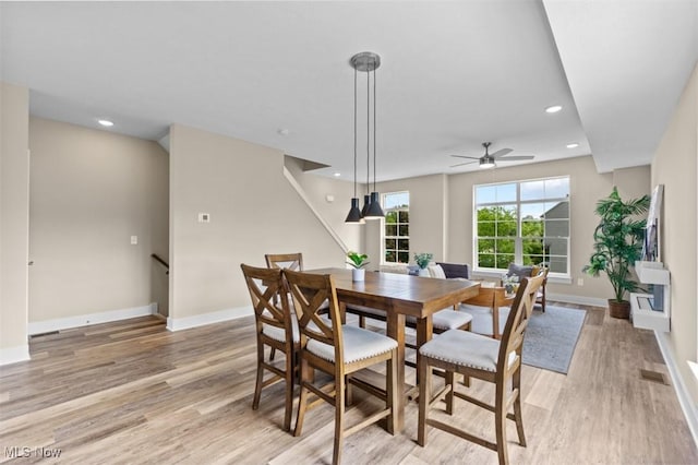 2087 Wynn Rd, Cleveland, OH 44118 - dining space featuring light wood-style flooring, baseboards, recessed lighting, and ceiling fan