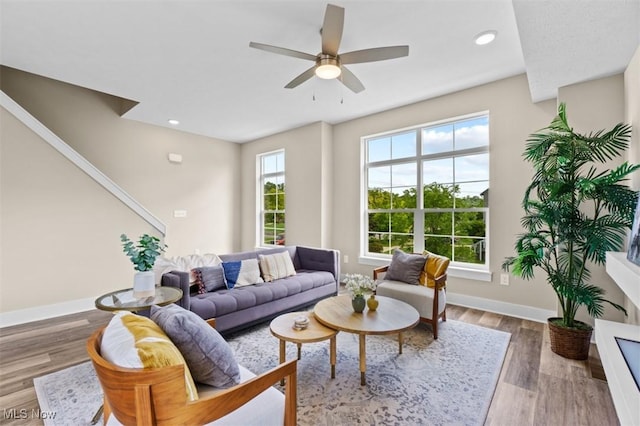 2087 Wynn Rd, Cleveland, OH 44118 - living room featuring baseboards, ceiling fan, wood finished floors, and recessed lighting