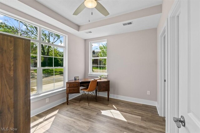 2087 Wynn Rd, Cleveland, OH 44118 - office space featuring baseboards, wood finished floors, and a ceiling fan