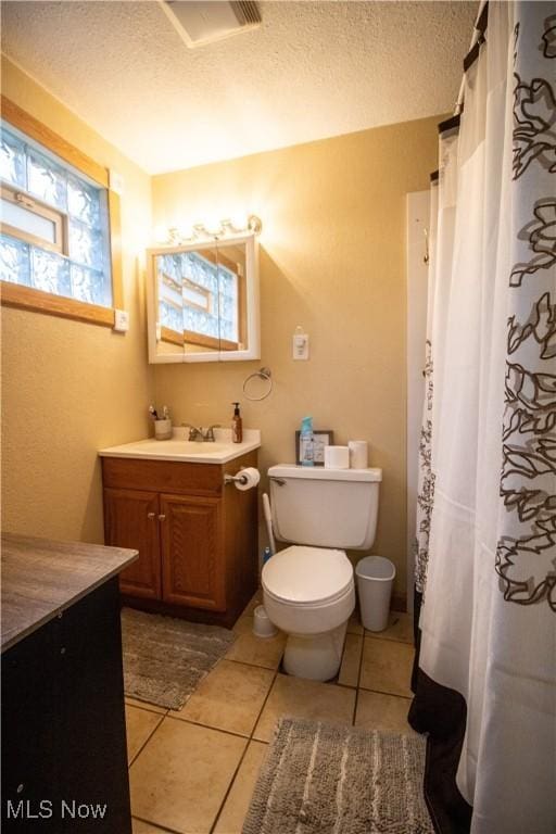 6333 Warren Sharon Rd, Oh, OH 44403 - full bathroom featuring vanity, tile patterned flooring, a textured ceiling, toilet, and curtained shower