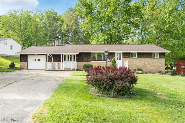 814 39th St SW, Canton, OH 44706 - ranch-style home featuring a garage, stone siding, a chimney, asphalt driveway, and a front lawn