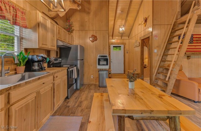 7324 Ferngreen Rd, Carrollton, OH 44615 - kitchen featuring electric range, lofted ceiling, a sink, heating unit, and wood walls