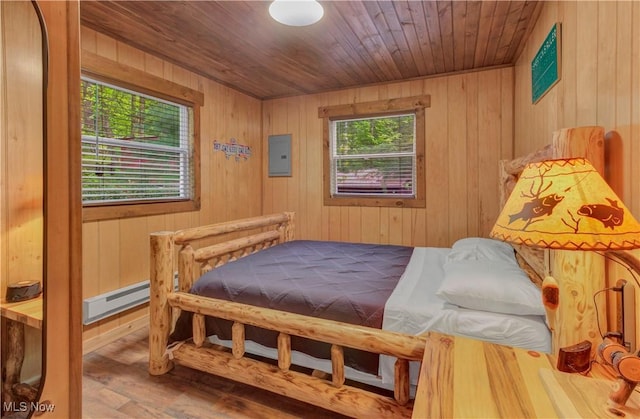 7324 Ferngreen Rd, Carrollton, OH 44615 - bedroom with wood ceiling, wood finished floors, baseboard heating, and wood walls