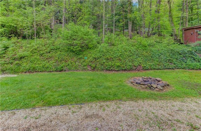 7324 Ferngreen Rd, Carrollton, OH 44615 - view of green lawn with an outdoor fire pit and a forest view
