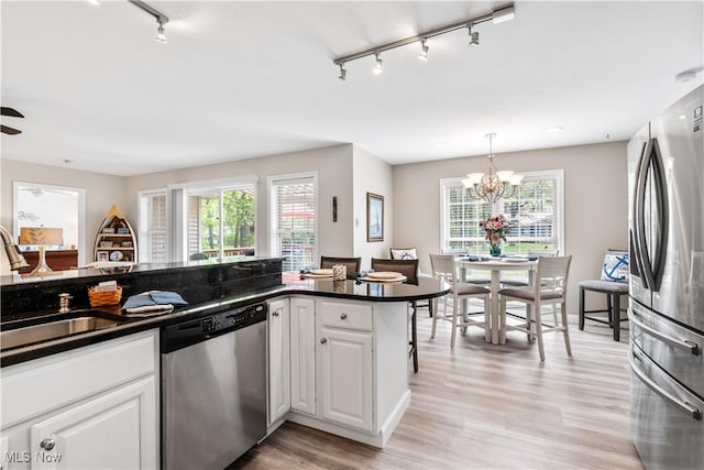 114 W Cherokee Trl, Bayview, OH 44870 - kitchen with appliances with stainless steel finishes, rail lighting, a sink, dark countertops, and light wood finished floors