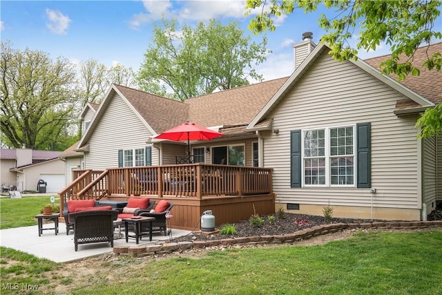 114 W Cherokee Trl, Bayview, OH 44870 - rear view of house with outdoor lounge area, a yard, a chimney, a deck, and a patio