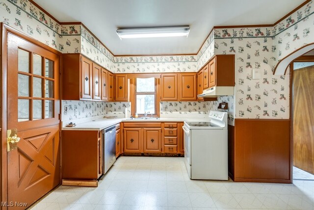 7026 S Boyden, Northfield, OH 44067 - kitchen featuring white electric range, wallpapered walls, stainless steel dishwasher, under cabinet range hood, and light floors