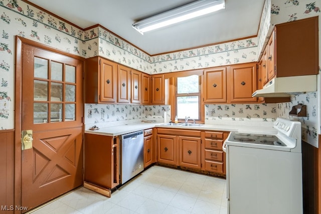 7026 S Boyden, Northfield, OH 44067 - kitchen with electric range, stainless steel dishwasher, a sink, wallpapered walls, and light countertops