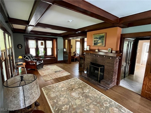 2508 Queenston Rd, Cleveland Heights, OH 44118 - living area featuring coffered ceiling, beamed ceiling, baseboards, wood finished floors, and a fireplace