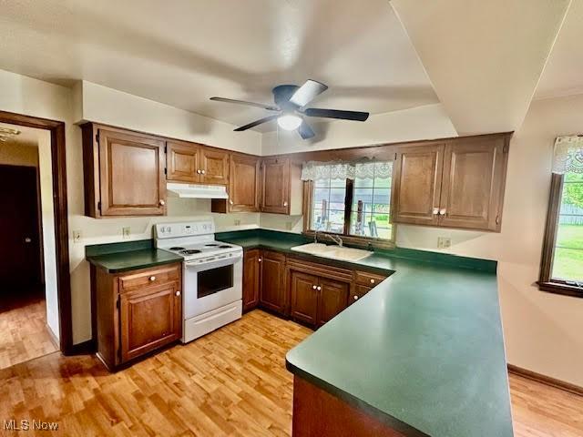 13053 Sarbaugh St SW, Navarre, OH 44662 - kitchen with white range with electric stovetop, under cabinet range hood, a sink, and light wood-style flooring