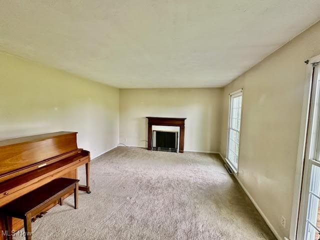 13053 Sarbaugh St SW, Navarre, OH 44662 - unfurnished living room with carpet flooring, baseboards, and a fireplace