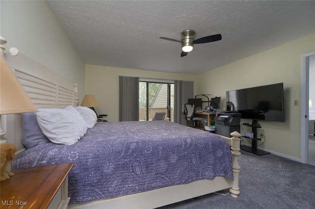 bedroom featuring carpet floors, a textured ceiling, ceiling fan, and baseboards