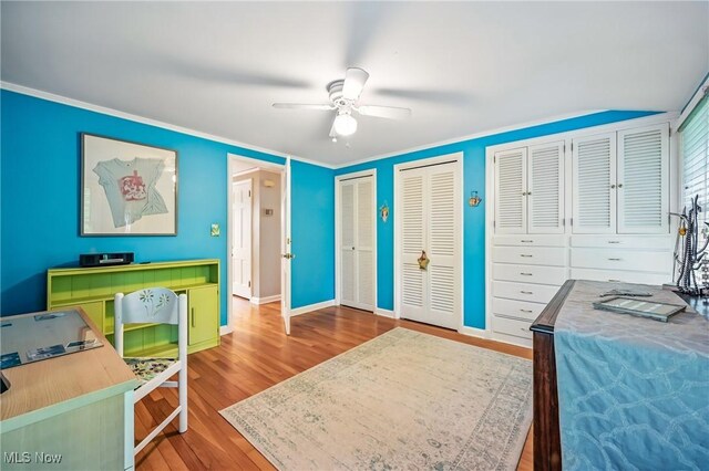 3711 Sampson Rd, Youngstown, OH 44505 - bedroom with two closets, wood finished floors, an office area, baseboards, and a ceiling fan