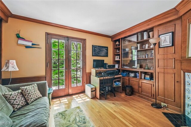3711 Sampson Rd, Youngstown, OH 44505 - office area featuring french doors, crown molding, and wood finished floors