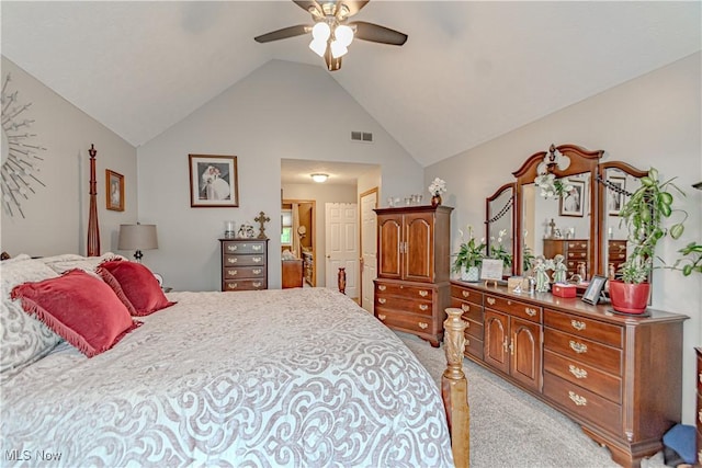bedroom with light carpet, lofted ceiling, and a ceiling fan