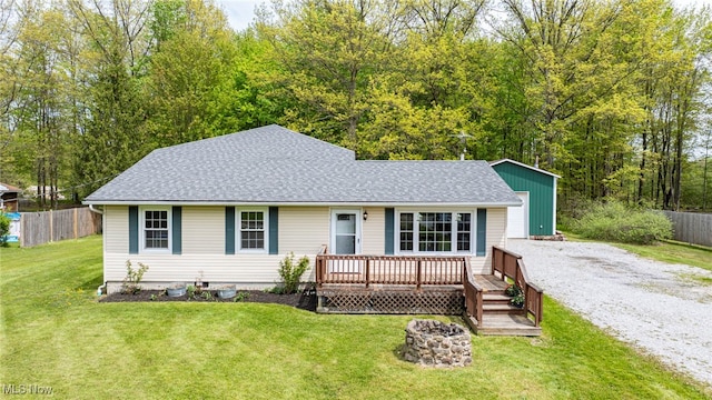 4946 Ireland Rd, Rome, OH 44085 - view of front facade featuring roof with shingles, a deck, a fire pit, and gravel driveway
